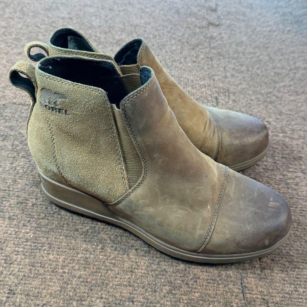 A- cute Sorel Evie Pull-On Waterproof Wedge Ankle Boots NL3816-242 Brown 8.5